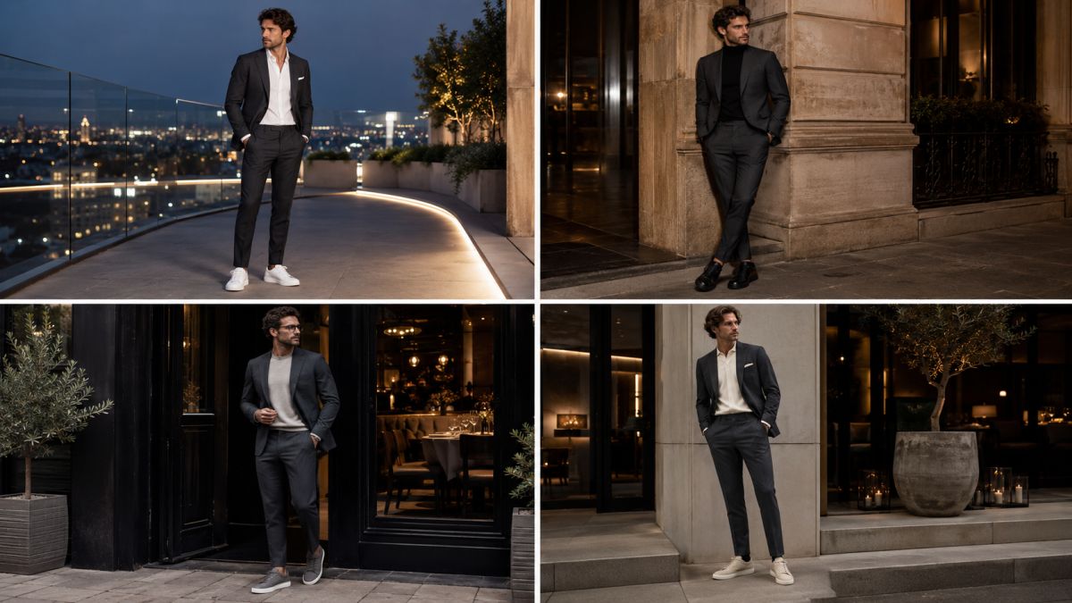 Kolaž sa četiri muške kombinacije tamnosivog odela uz bele, crne, tamnosive i krem patike za večernje i elegantne prilike.