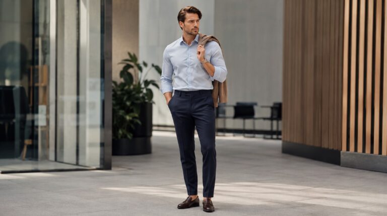 Muškarac u elegantnim tamnoplavim pantalonama i svetloj košulji u modernom poslovnom okruženju
