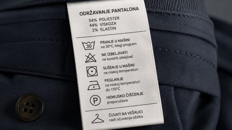 Krupan plan etikete sa simbolima i uputstvima za pranje, sušenje i peglanje muških pantalona